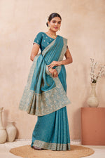 Load image into Gallery viewer, Firozi Color Silk Traditional Saree with Embroidered and Swarovski Work