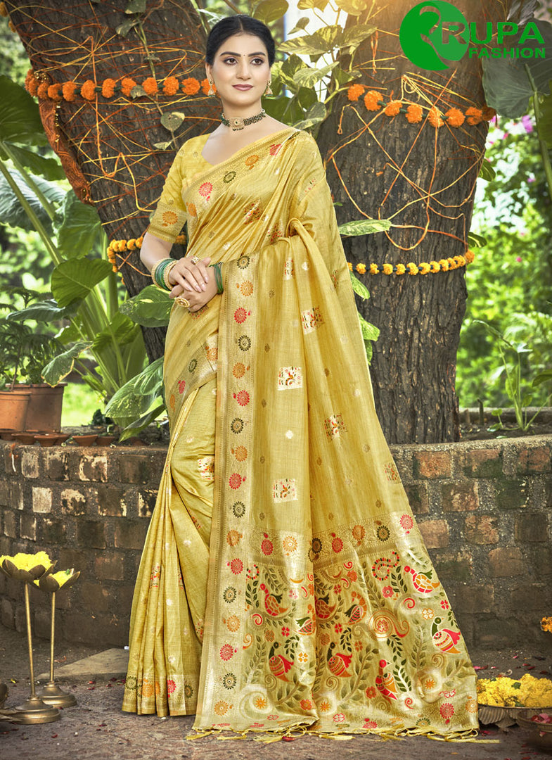 Matchless Yellow Color Assam Silk New Designer Traditional Party Wear Saree With Meena Work
