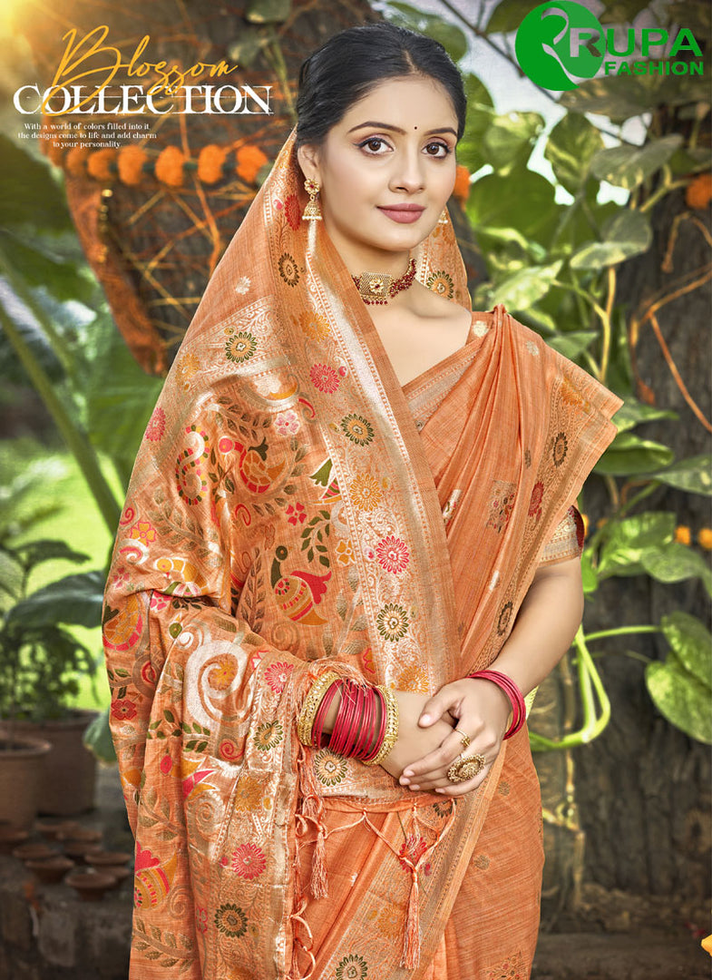 Adorable Orange Color Assam Silk Party Wear Saree with Meena Work Blouse
