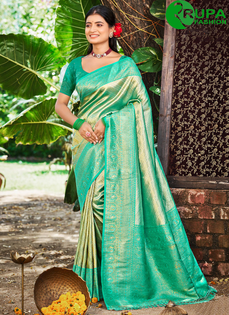 Sea Green Color Kanjivaram Silk Designer Party Wear Traditional Saree