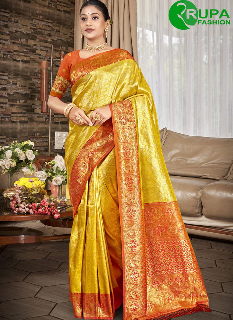 Majesty Mustard Color Kanjivaram Silk Trendy Designer Party Wear Saree