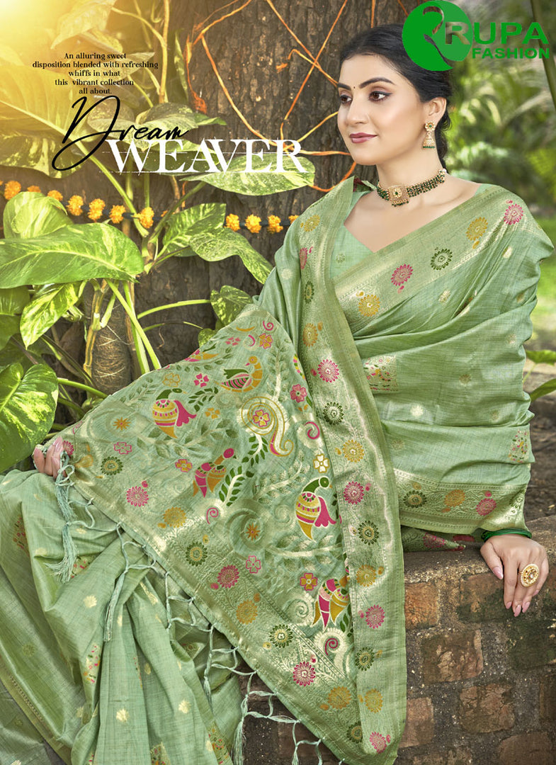 Awesome Sea Green Color Assam Silk Trendy Saree with Meena Work