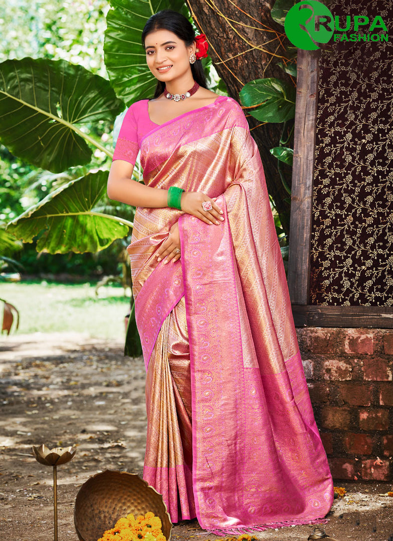Attractive Pink Color Kanjivaram Silk Traditional Party Wear Saree