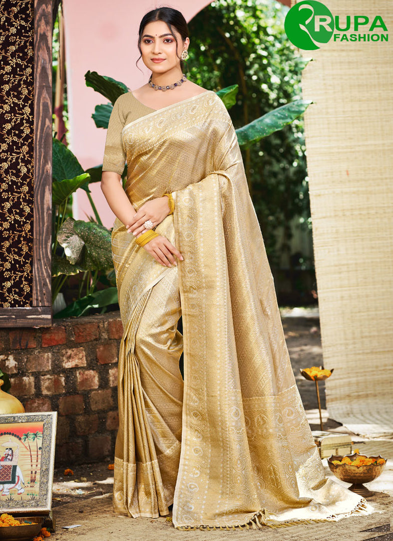 Beige Color Kanjivaram Silk New Designer Party Wear Saree
