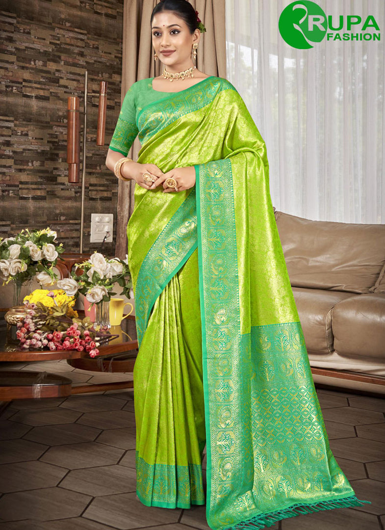 Divine Parrot Green Color Kanjivaram Silk Designer Traditional Party Wear Saree