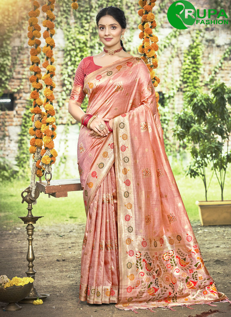 Attractive Pink Color Assam Silk Saree with Meena Work