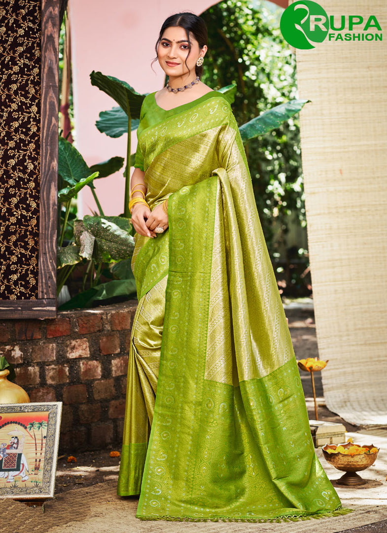 Divine Green Color Kanjivaram Silk Designer Party Wear Saree