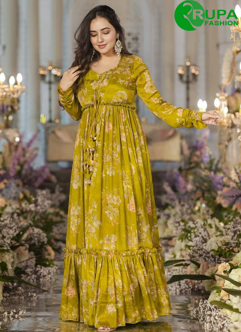 Divine Olive Green Color Airtex Chinon Digital Print Ready Made Western Suit
