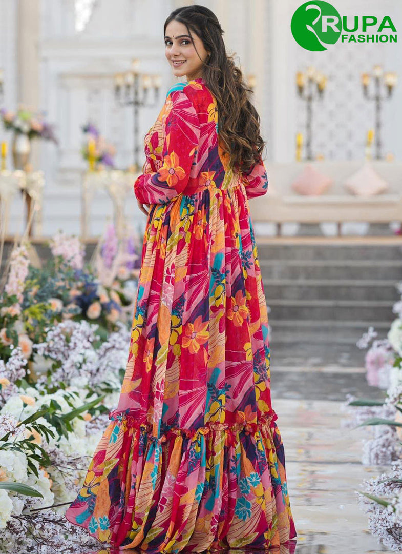 Attractive Multi Color Chinon Designer Party Wear Digital Print Ready Made Western Suit