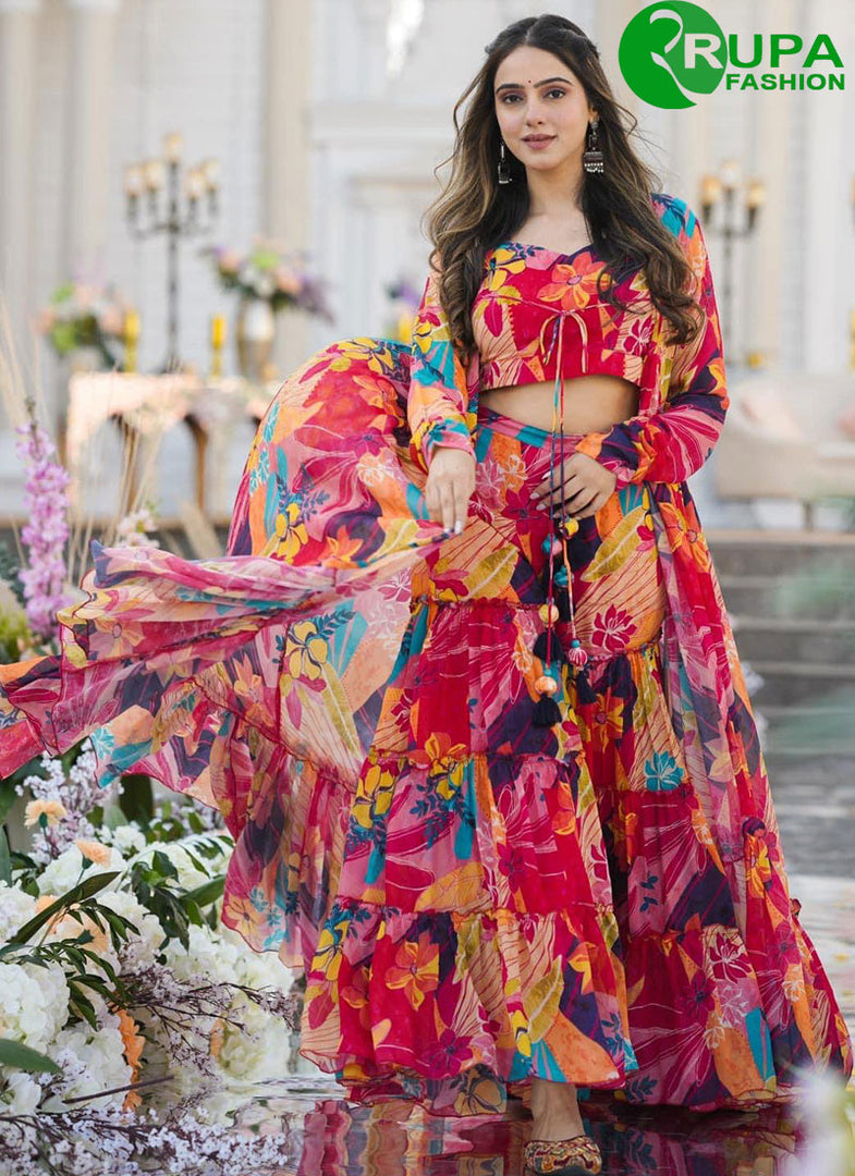 Attractive Multi Color Chinon Designer Party Wear Digital Print Ready Made Western Suit