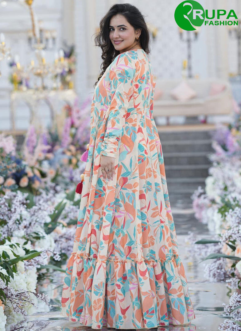 Lovely White With Multi Color Chinon Designer Digital Print Ready Made Western Suit
