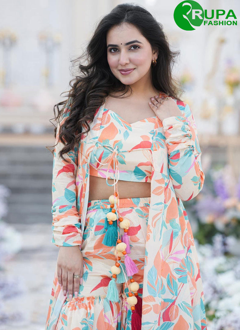 Lovely White With Multi Color Chinon Designer Digital Print Ready Made Western Suit