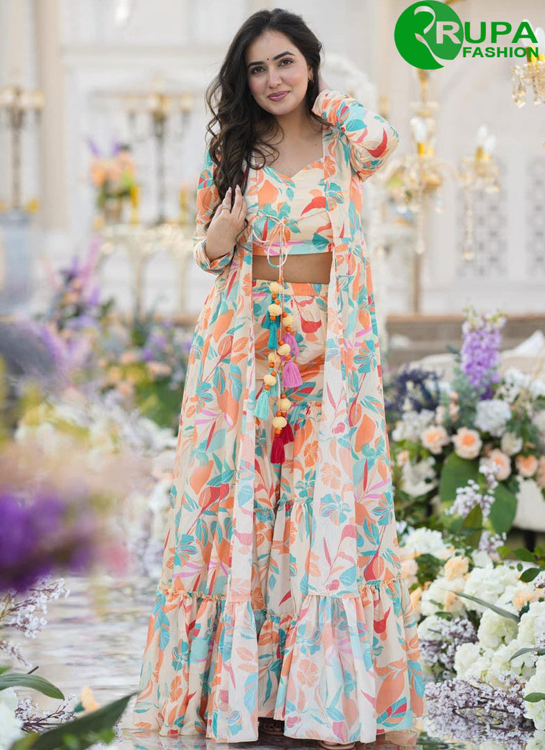 Lovely White With Multi Color Chinon Designer Digital Print Ready Made Western Suit