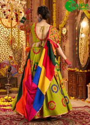 Splendorous Green Color Cotton Readymade Lehenga Choli with Embroidered, Mirror and Thread Work