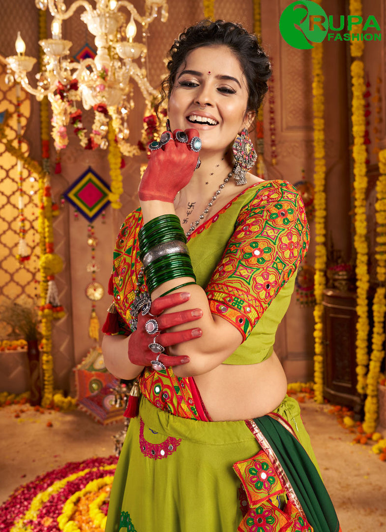 Splendorous Green Color Cotton Readymade Lehenga Choli with Embroidered, Mirror and Thread Work
