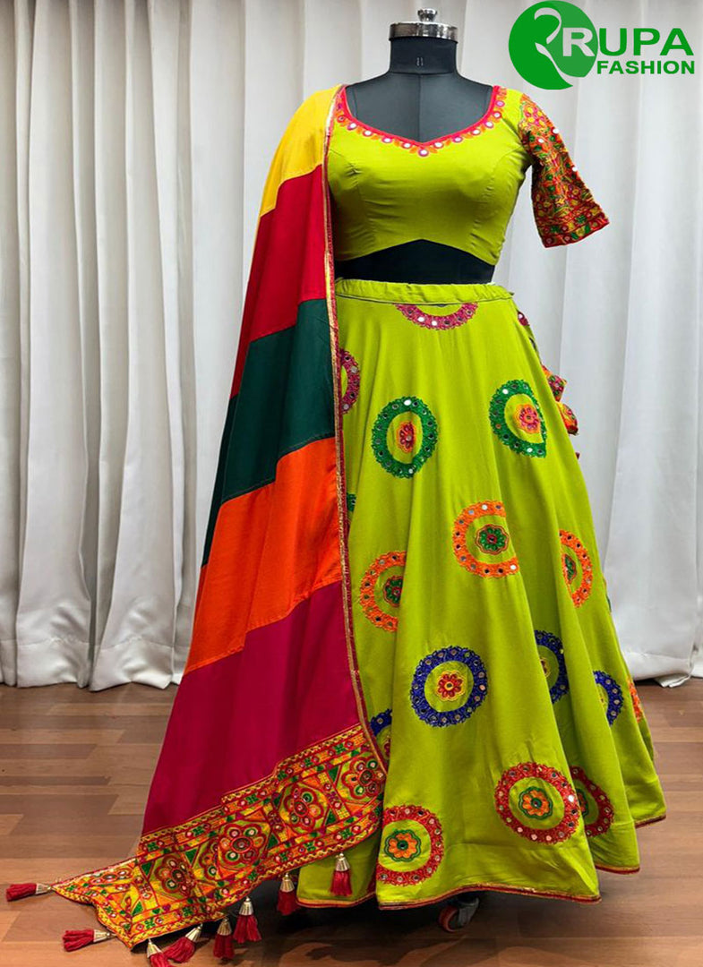Splendorous Green Color Cotton Readymade Lehenga Choli with Embroidered, Mirror and Thread Work