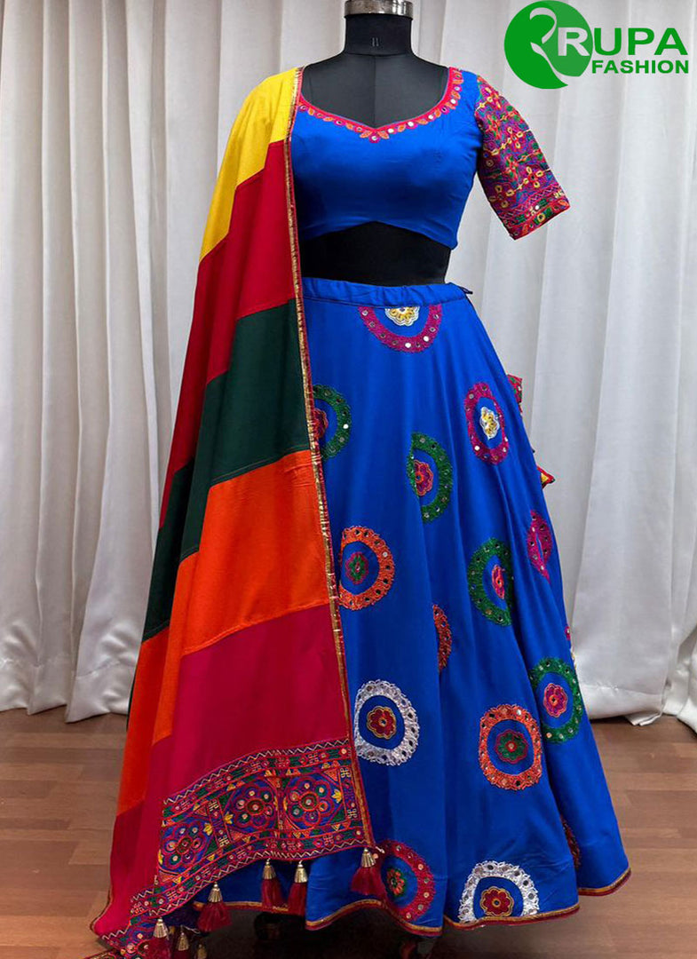 Divine Blue Color Cotton Embroidered, Mirror and Thread Work Readymade Lehenga Choli