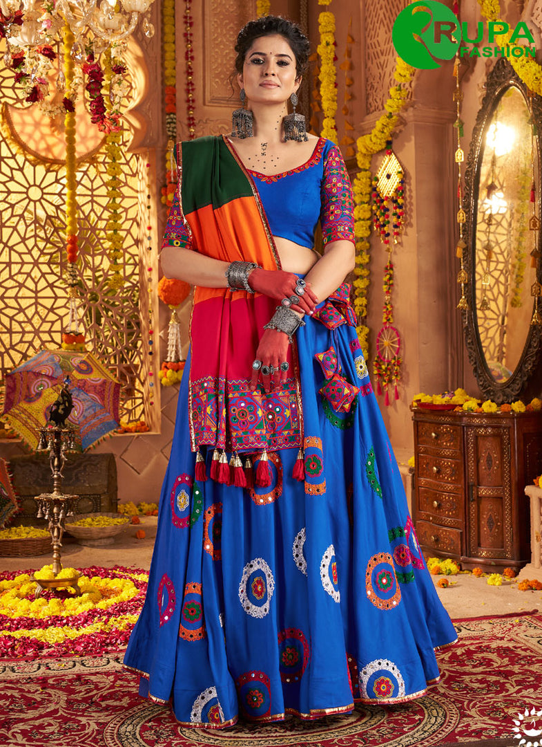Divine Blue Color Cotton Embroidered, Mirror and Thread Work Readymade Lehenga Choli