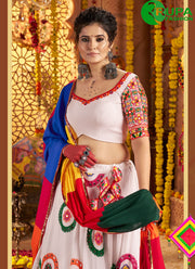 Attractive White Cotton Embroidered, Mirror and Thread Work Readymade Lehenga Choli