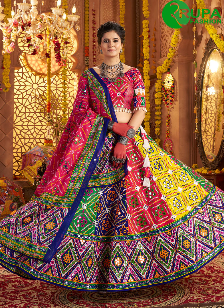 Angelic Multi Color Cotton Readymade Lehenga Choli with Jacquard, Patch Border and Print Work