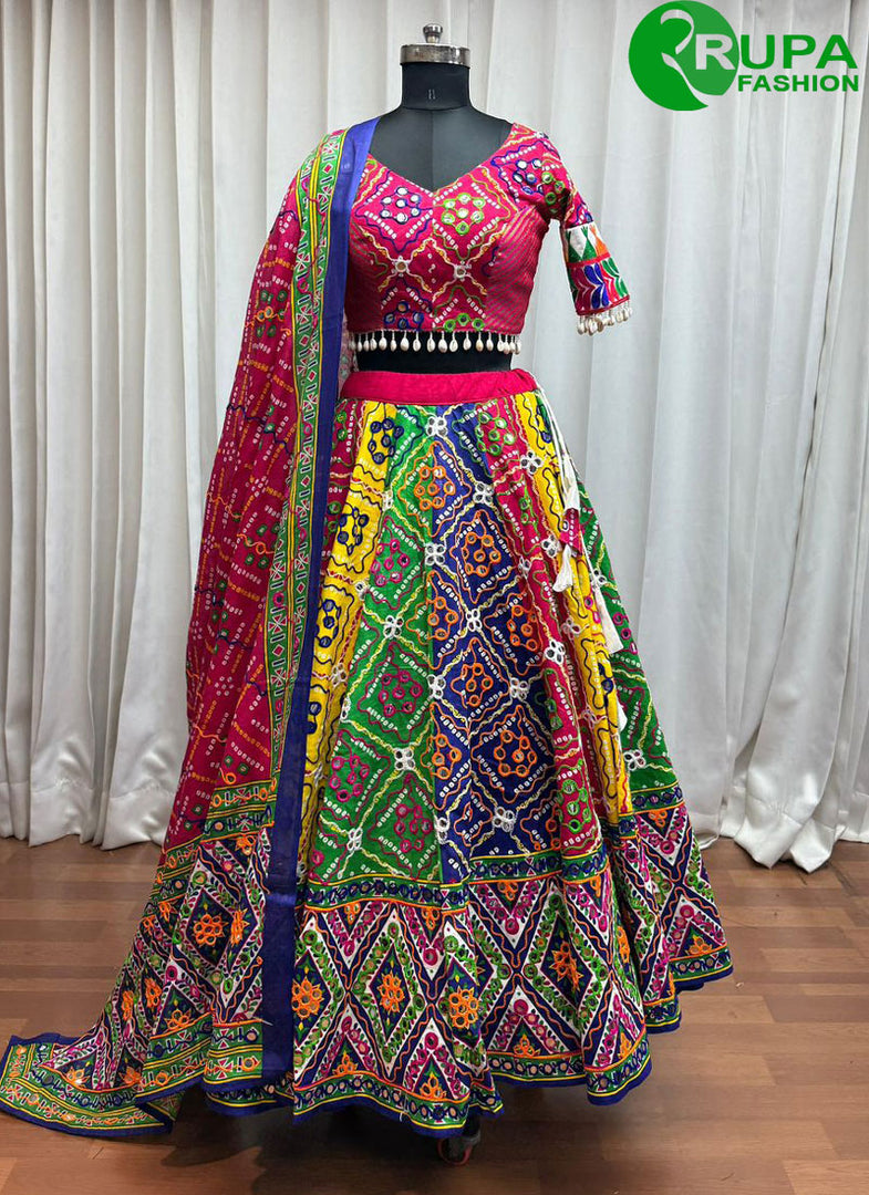 Angelic Multi Color Cotton Readymade Lehenga Choli with Jacquard, Patch Border and Print Work