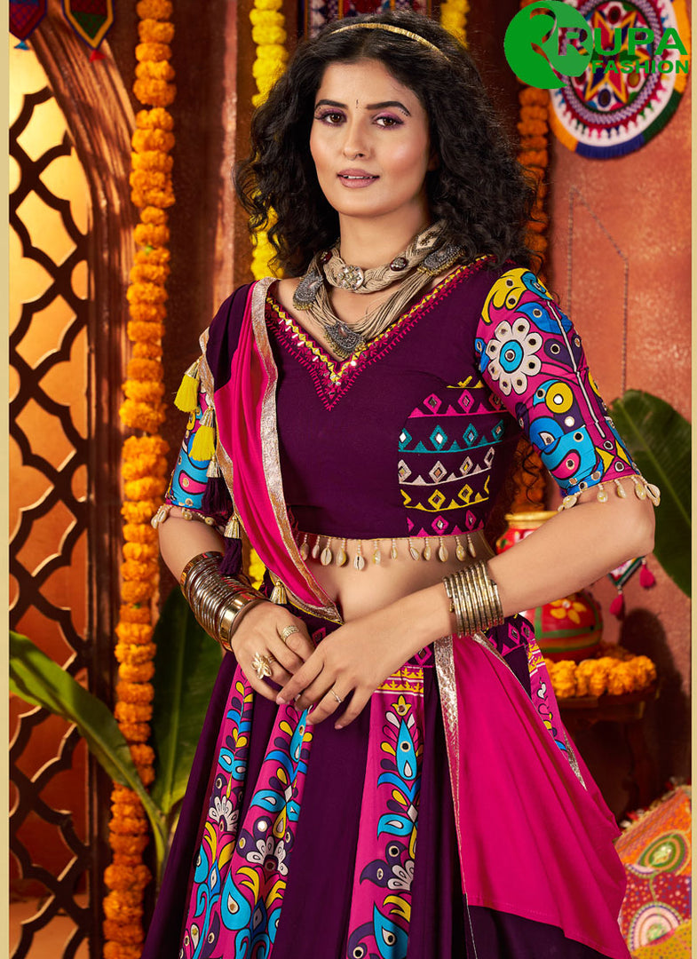 Purple Color Cotton Embroidered, Fancy, Mirror and Print Work Readymade Lehenga Choli