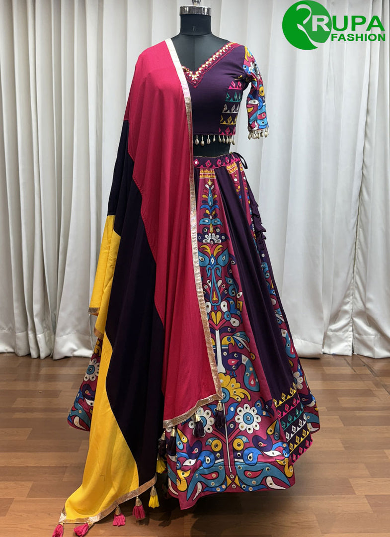 Purple Color Cotton Embroidered, Fancy, Mirror and Print Work Readymade Lehenga Choli