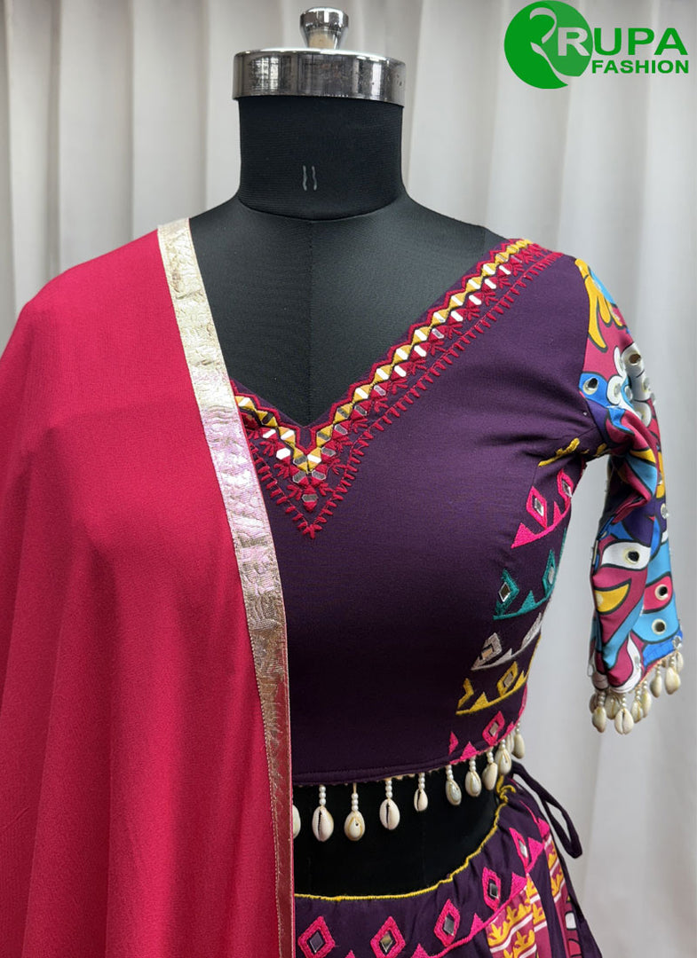 Purple Color Cotton Embroidered, Fancy, Mirror and Print Work Readymade Lehenga Choli