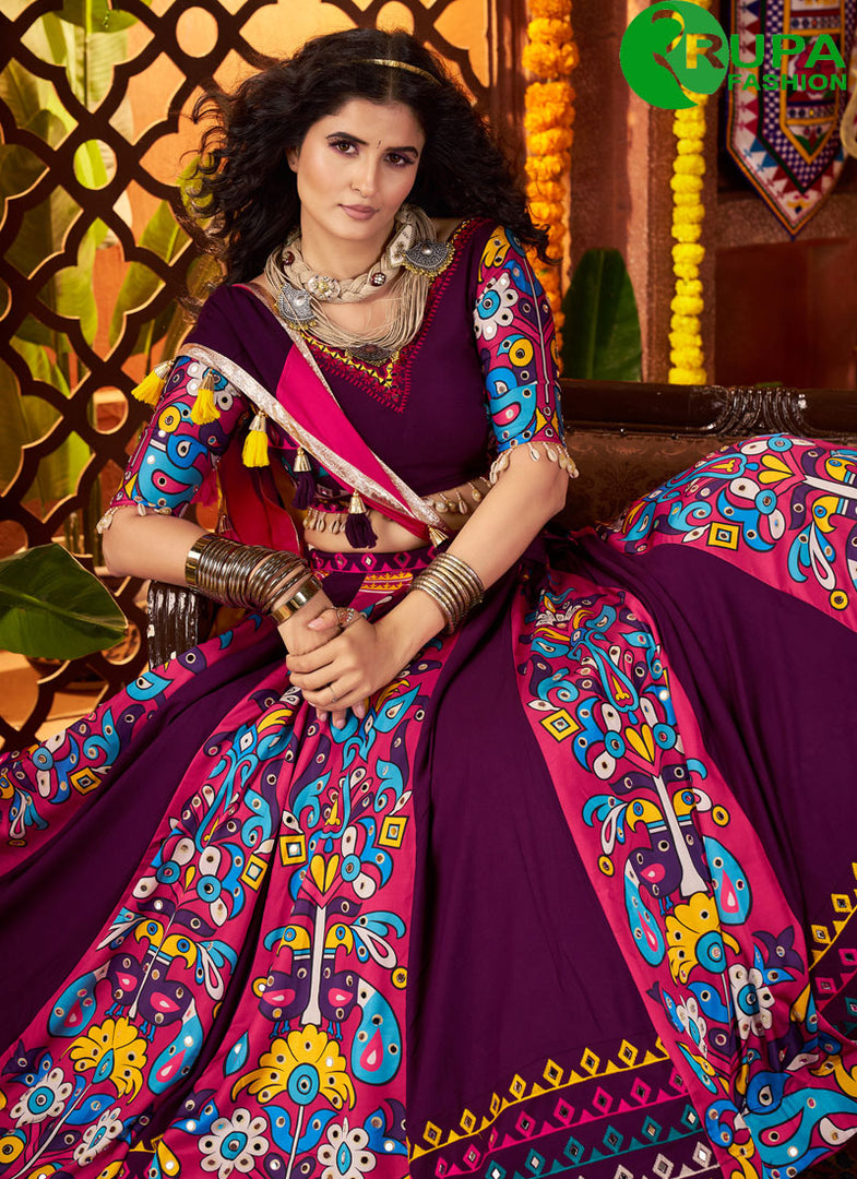 Purple Color Cotton Embroidered, Fancy, Mirror and Print Work Readymade Lehenga Choli