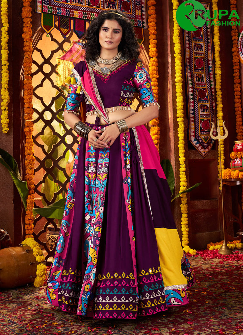 Purple Color Cotton Embroidered, Fancy, Mirror and Print Work Readymade Lehenga Choli