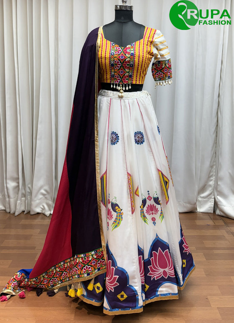Divine White Color Fancy, Lace, Mirror and Print Work Silk Readymade Lehenga Choli