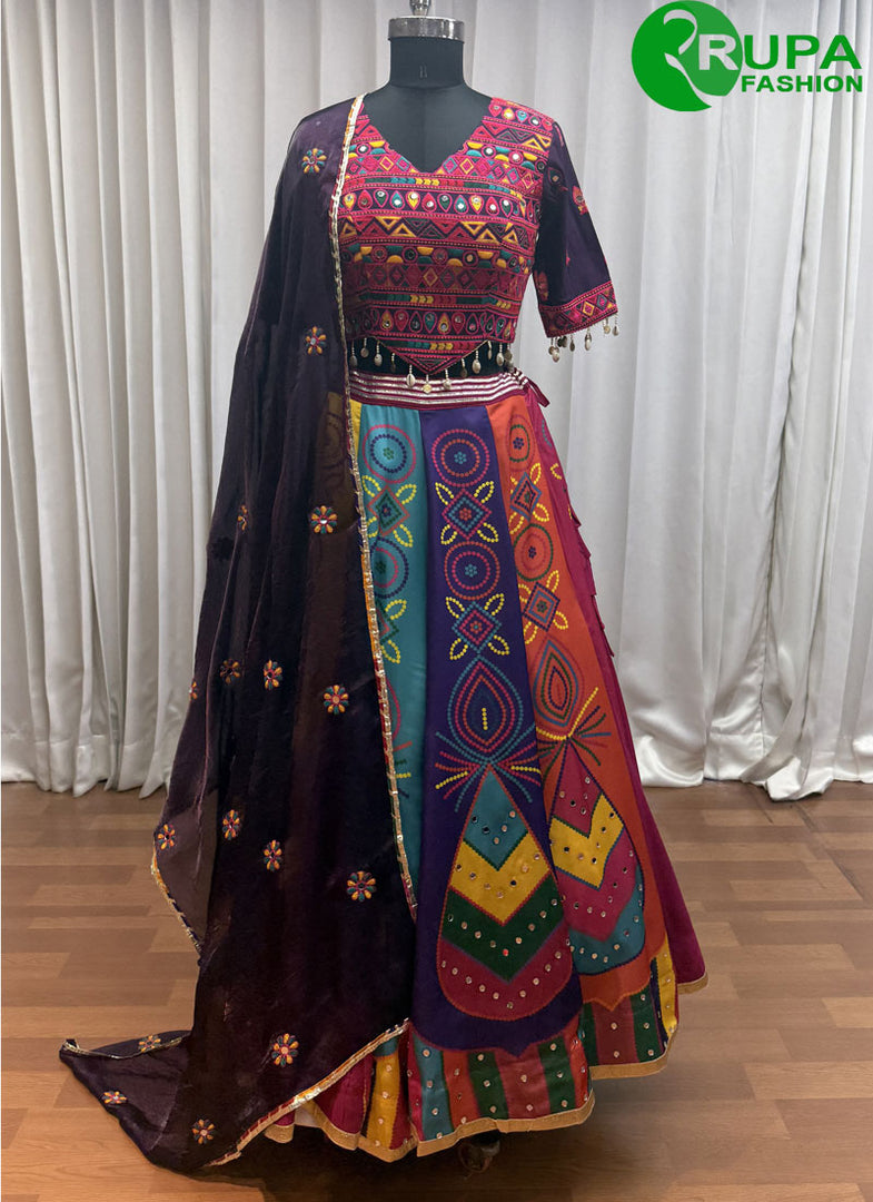 Attractive Multi Color Fancy, Lace, Mirror and Print Work Silk Readymade Lehenga Choli
