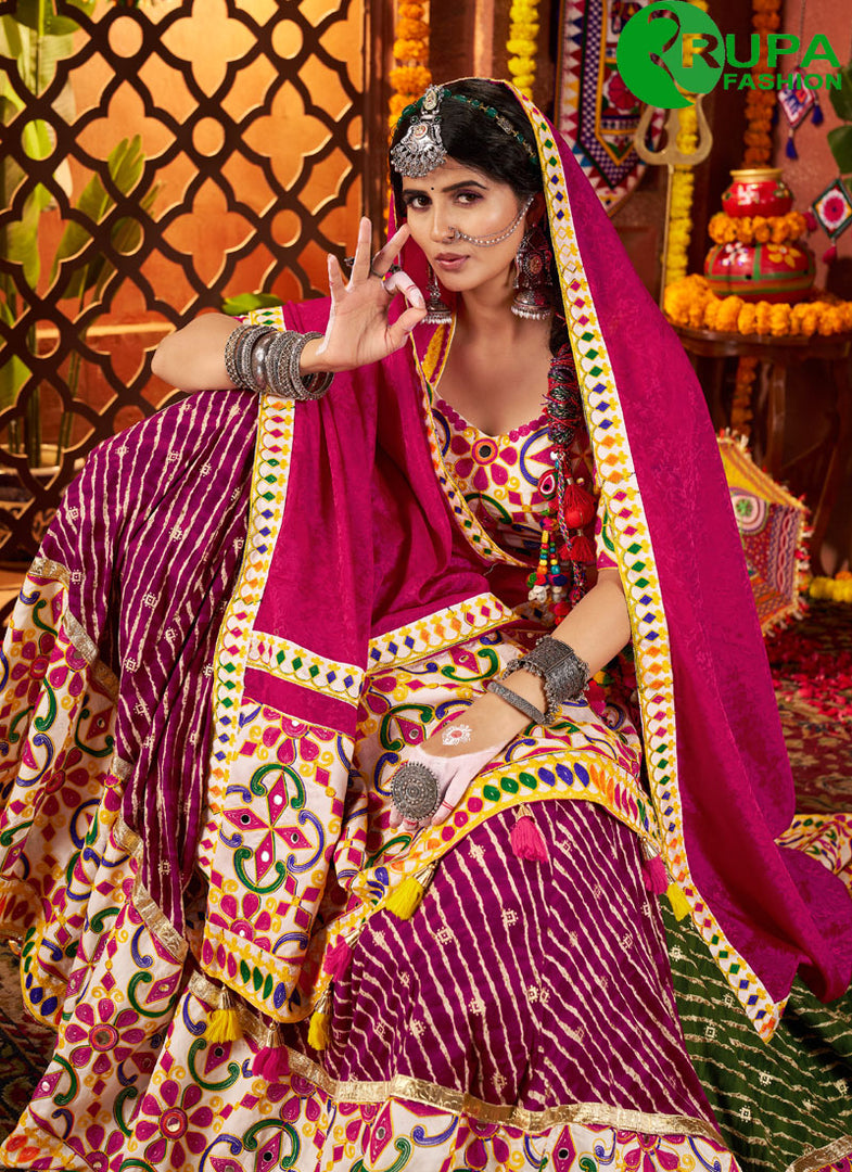 Multi Color Cotton Readymade Lehenga Choli with Embroidered, Mirror, Print and Thread Work