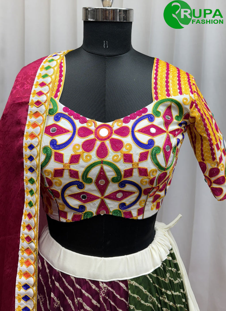 Multi Color Cotton Readymade Lehenga Choli with Embroidered, Mirror, Print and Thread Work