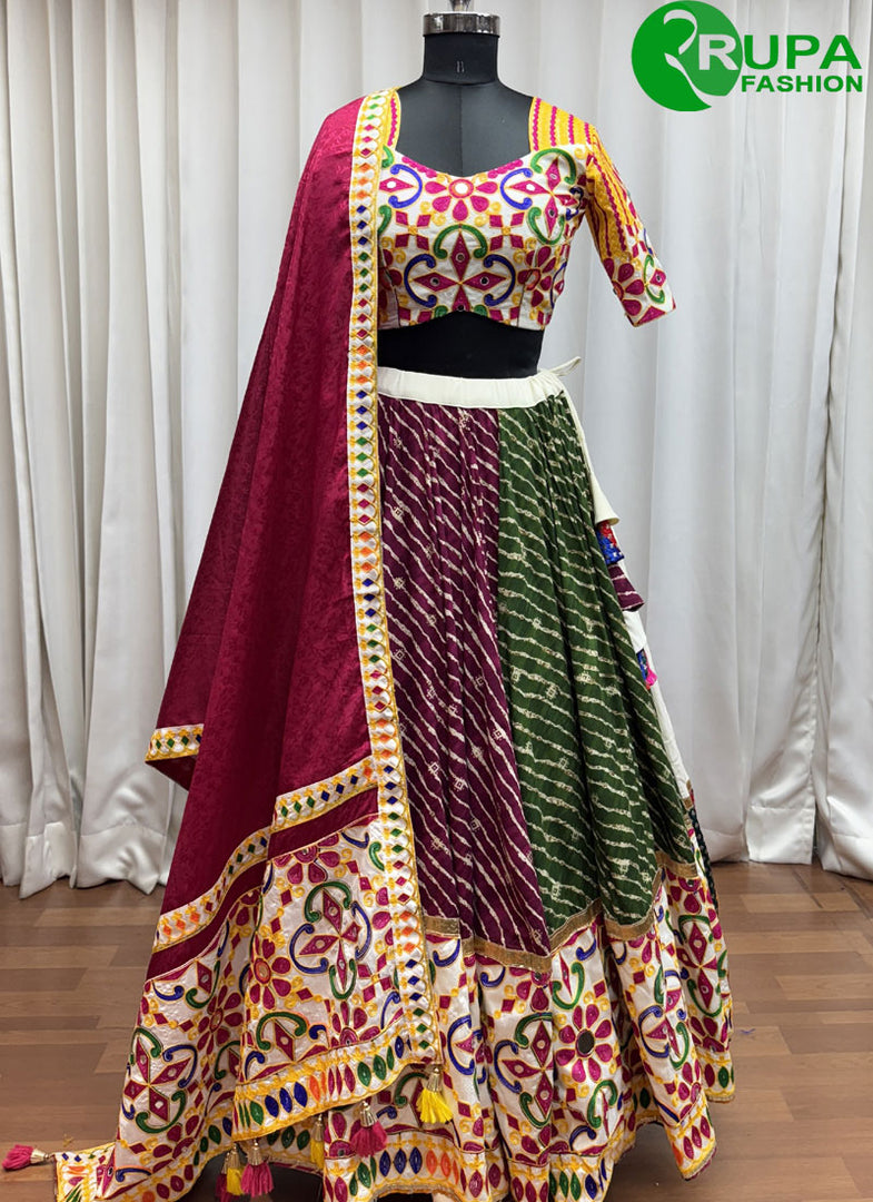 Multi Color Cotton Readymade Lehenga Choli with Embroidered, Mirror, Print and Thread Work