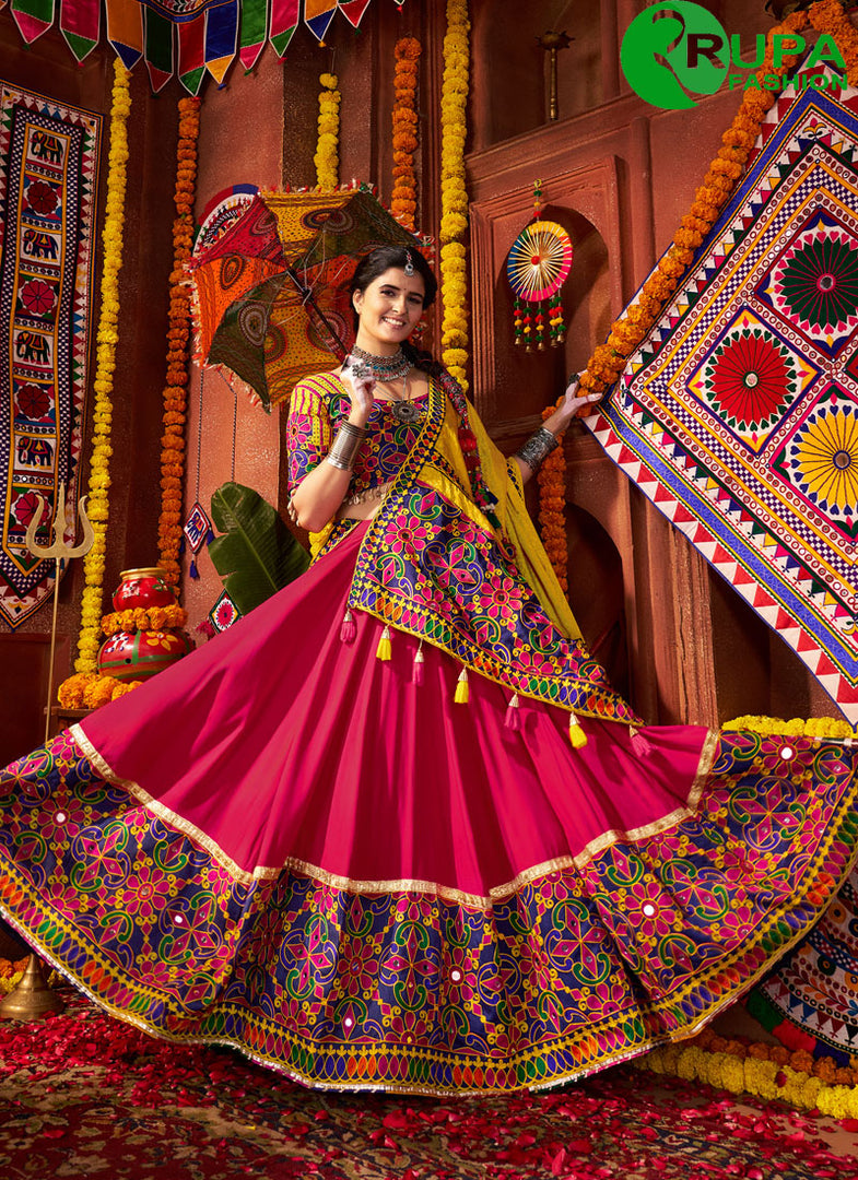 Multi Color Embroidered, Mirror and Thread Work Viscose Cotton Readymade Lehenga Choli