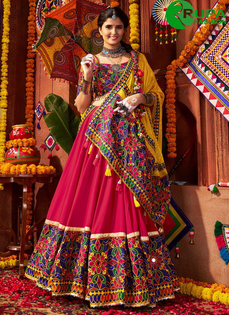 Multi Color Embroidered, Mirror and Thread Work Viscose Cotton Readymade Lehenga Choli