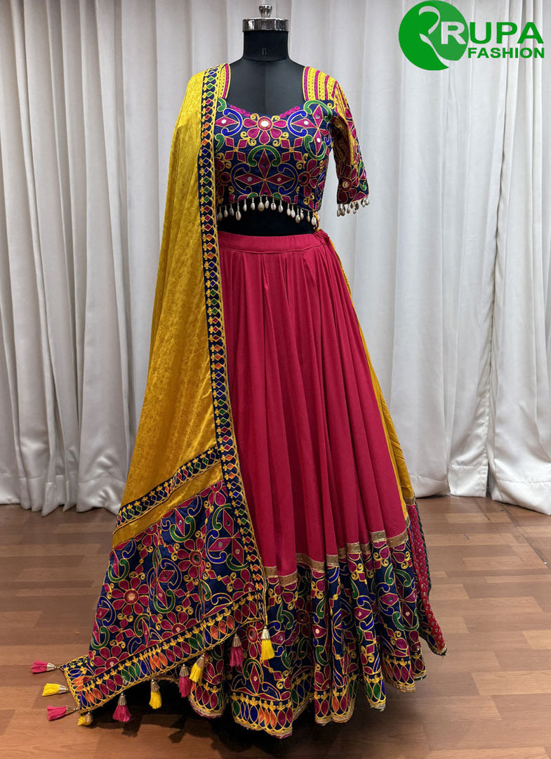 Multi Color Embroidered, Mirror and Thread Work Viscose Cotton Readymade Lehenga Choli