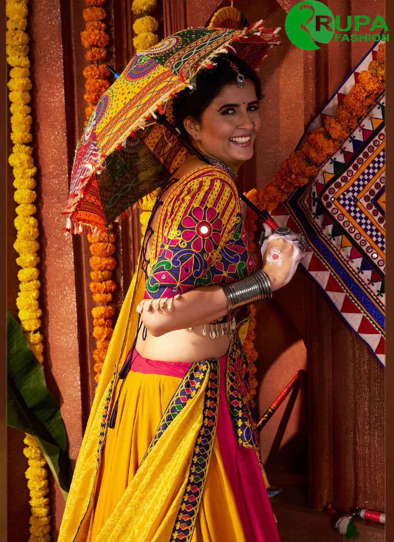 Multi Color Embroidered, Mirror and Thread Work Viscose Cotton Readymade Lehenga Choli