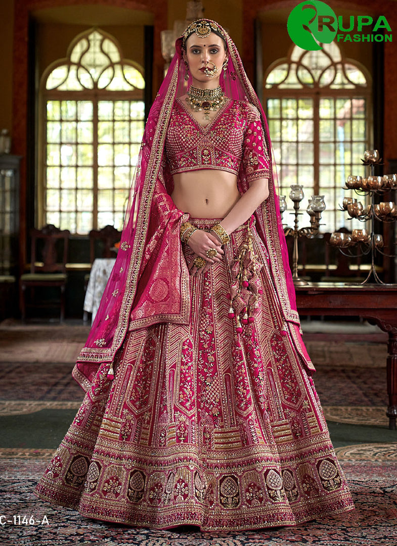 Rani Color Silk Embroidered, Pearls, Sequins, Thread, Weaving and Zari Work A - Line Lehenga Choli