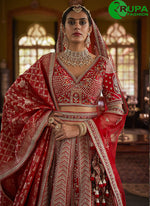 Load image into Gallery viewer, Red Color Silk Embroidered, Pearls, Sequins, Thread, Weaving and Zari Work A - Line Lehenga Choli