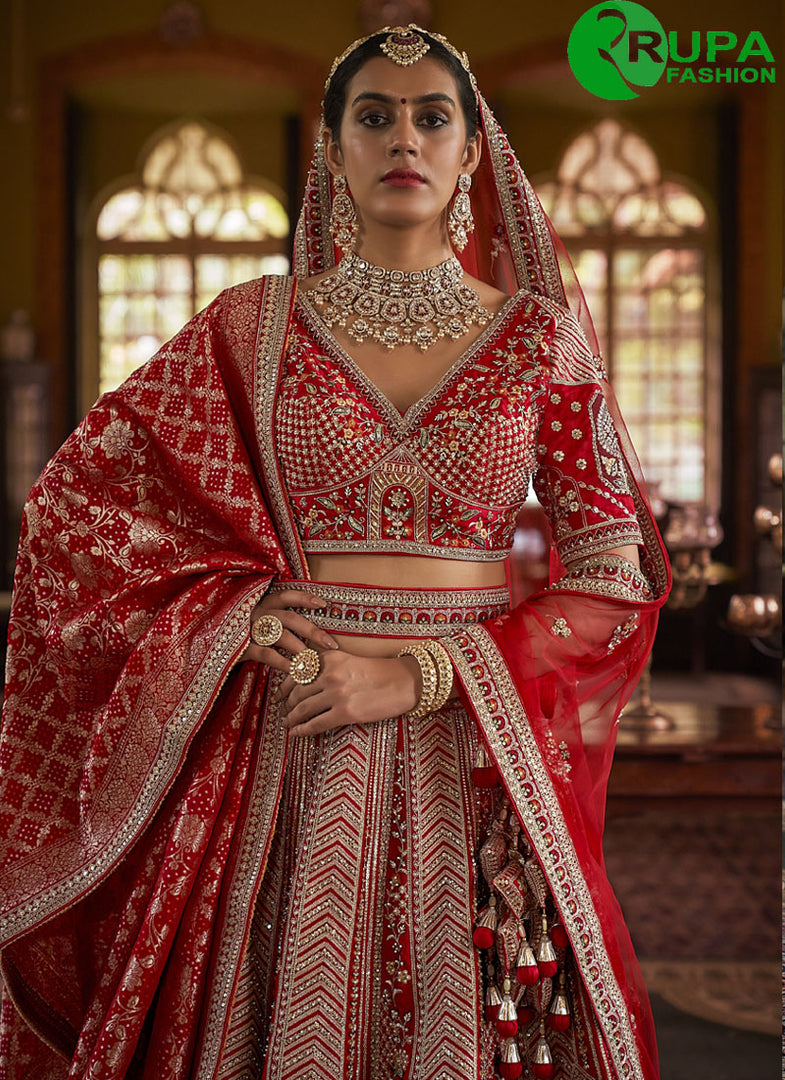 Red Color Silk Embroidered, Pearls, Sequins, Thread, Weaving and Zari Work A - Line Lehenga Choli