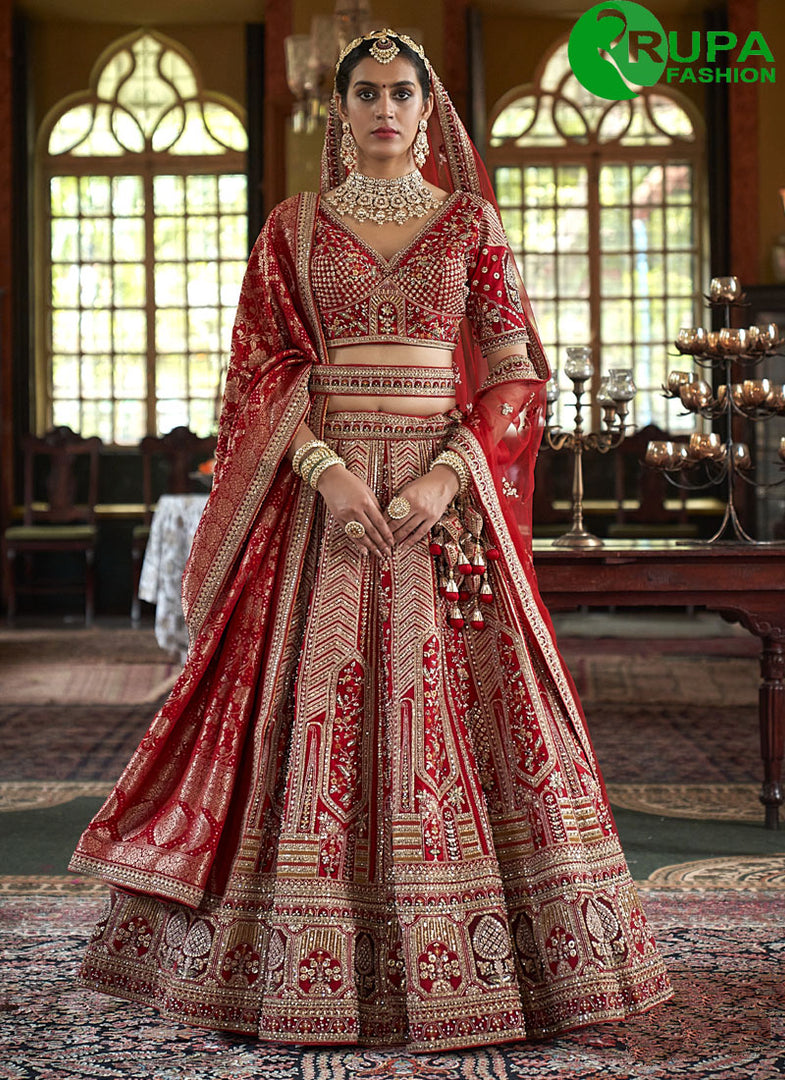 Red Color Silk Embroidered, Pearls, Sequins, Thread, Weaving and Zari Work A - Line Lehenga Choli