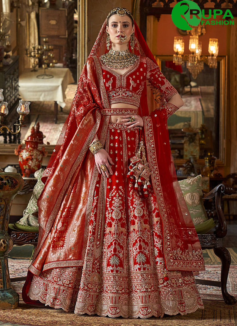 Red Color Embroidered, Pearls, Sequins, Thread, Weaving and Zari Work Silk A - Line Lehenga Choli