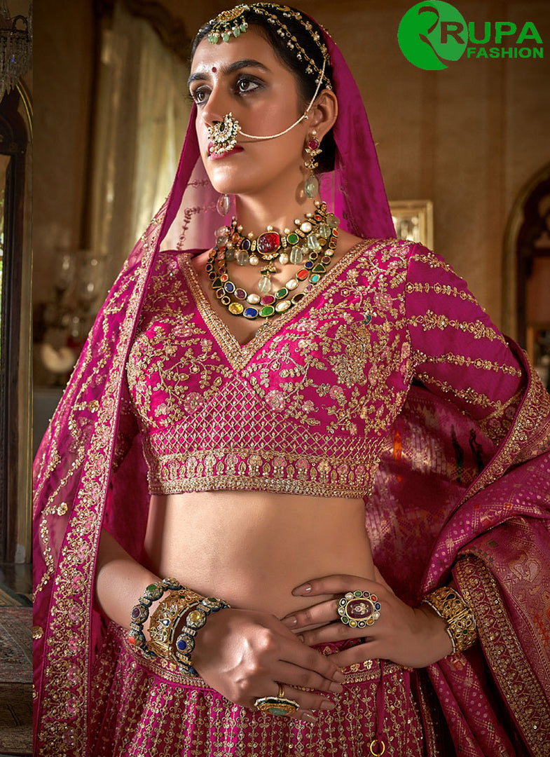 Magenta and Pink Embroidered, Pearls, Sequins, Thread, Weaving and Zari Work Silk A - Line Lehenga Choli