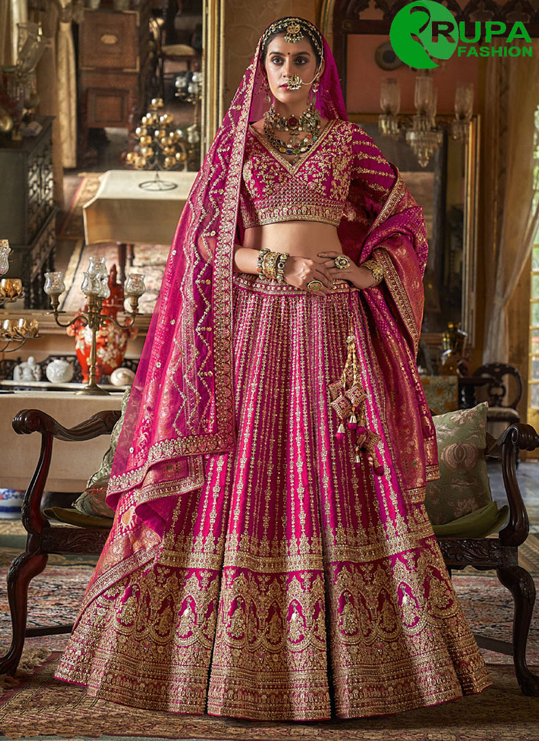 Magenta and Pink Embroidered, Pearls, Sequins, Thread, Weaving and Zari Work Silk A - Line Lehenga Choli