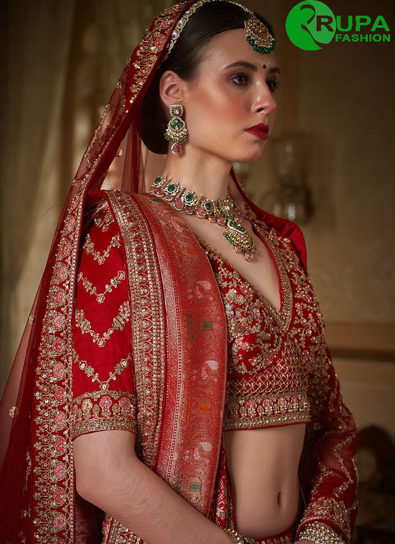 Red Color Silk Designer Wedding Wear Lehenga Choli With Embroidery, Sequince, Thread Pearl & Zari Weaving Work