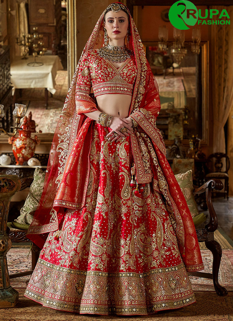 Adorable Red Color Silk New Designer Bridal Wear A Line Lehenga Choli