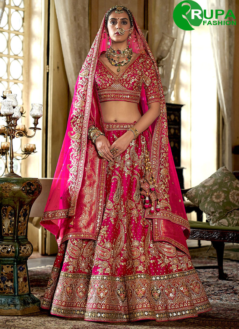 Rani Silk Embroidered, Pearls, Sequins, Thread, Weaving and Zari Work A - Line Lehenga Choli