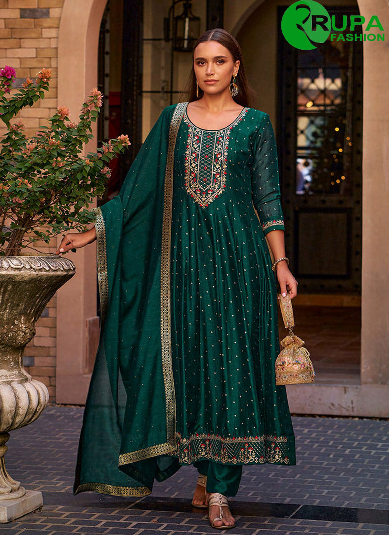 Green Color Vichitra Silk Ready Made Anarkali Suit with Embroidered and Hand Work